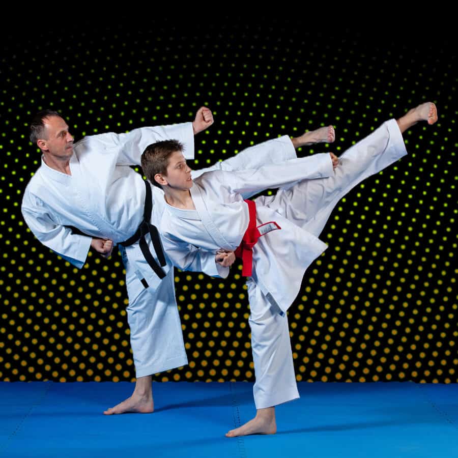 Martial Arts Lessons for Families in Alpharetta GA - Dad and Son High Kick